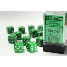  Opaque 16mm d6 Green/white Dice Block™ (12 dice) (CHX25605)